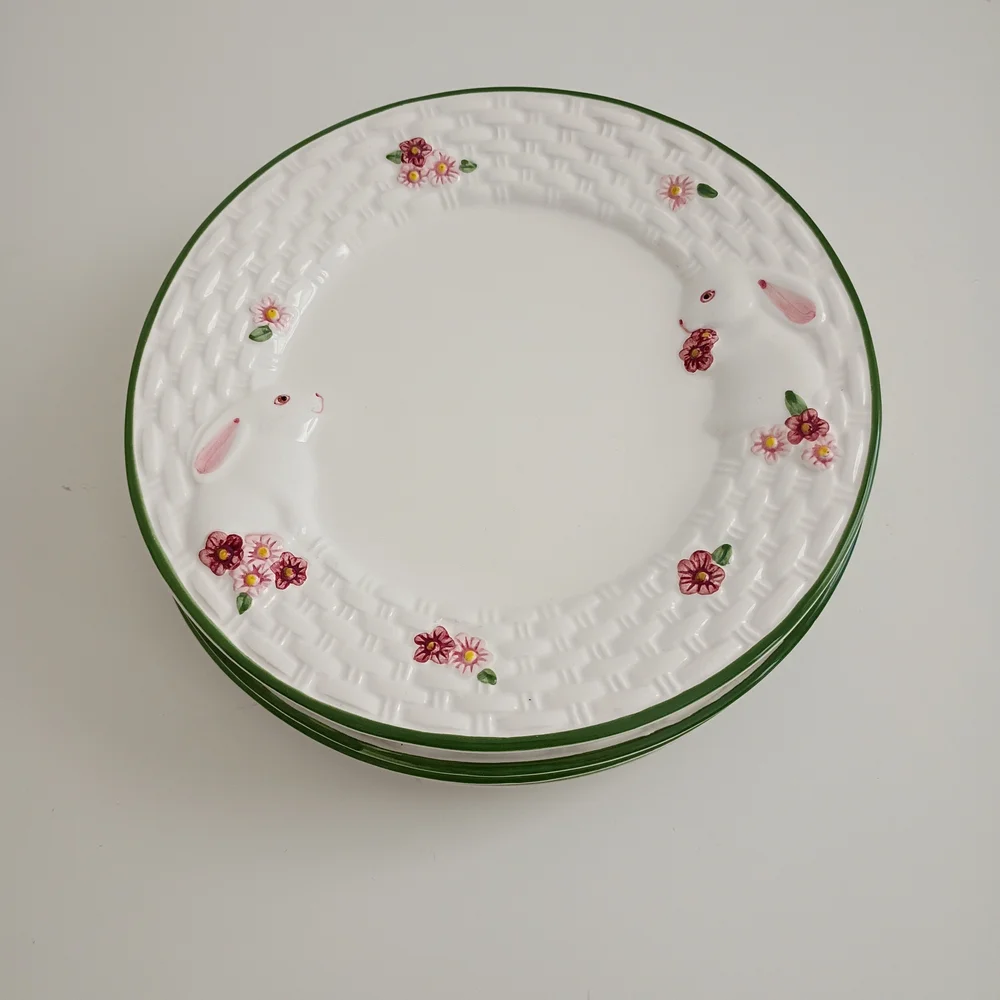 Set Of 4 Vintage Avon Bunny Floral Plates with Basket Weave Embossed Rim